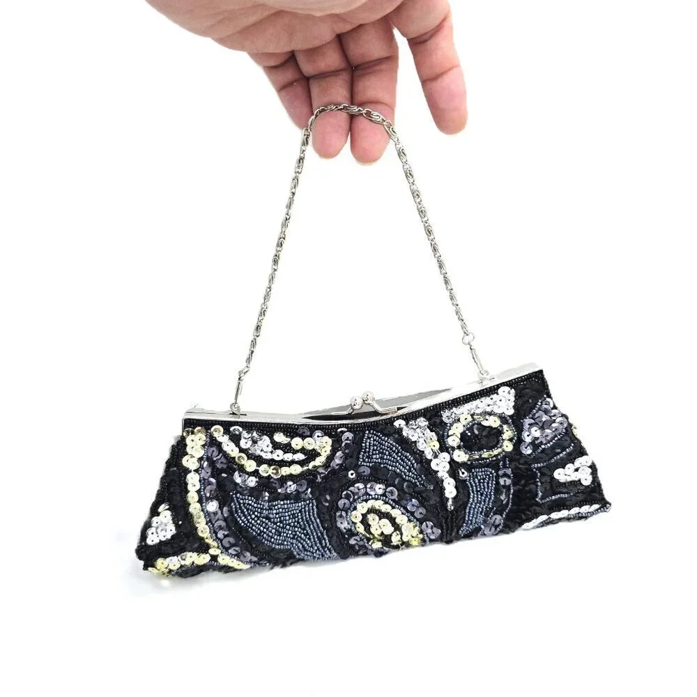 Moni Couture Black Gold Paisley Embellished Sequin Convertible Evening Clutch